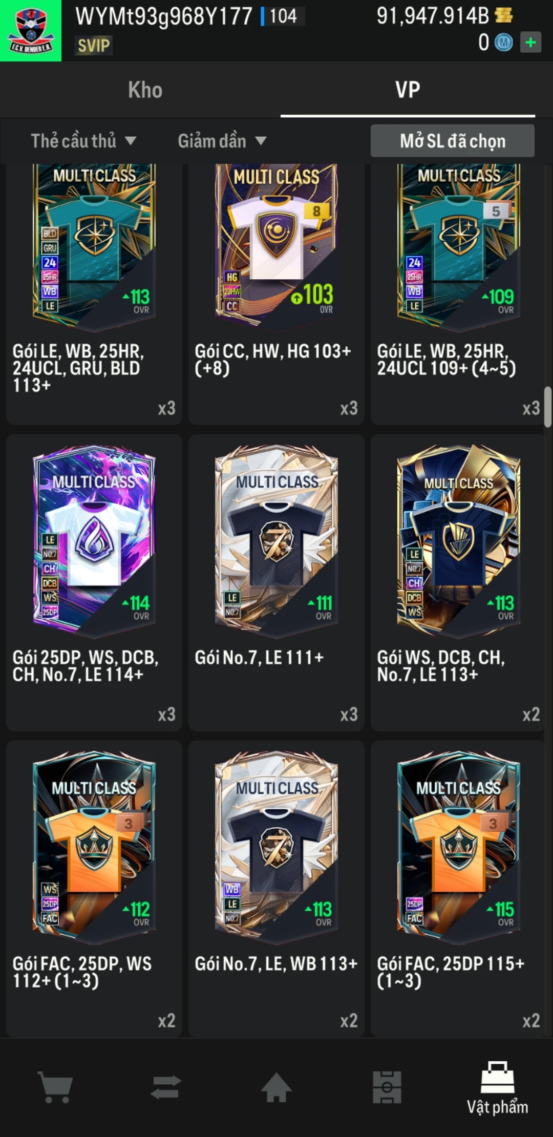 Ảnh ACC mở thẻ (LOẠI SUPER VIP) bao gồm có hơn 900+ đến 1100+ thẻ cầu thủ từ Siêu sao đến Miền núi các loại (ngẫu nhiên có: 01 thẻ +12 và 03 thẻ PRIME QH, XS, CP...) Acc có sẵn BP trắng từ 80.000 tỷ BP đến 120.000 tỷ BP kèm theo nhiều ngày SVIP